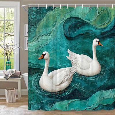 1pc Elegant Swans Bath Curtain - Teal Green Water Ripple Design with White Swans & Orange Beaks, Serene Nature Scene