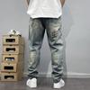 Four Seasons New Fashion Men's American High Street Hole Patched Loose Wide Leg Jeans Pants Vintage Washed Denim Trousers Male