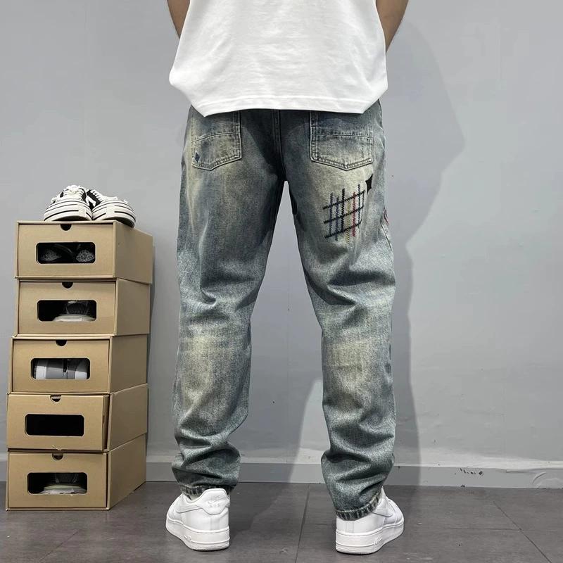 Four Seasons New Fashion Men's American High Street Hole Patched Loose Wide Leg Jeans Pants Vintage Washed Denim Trousers Male