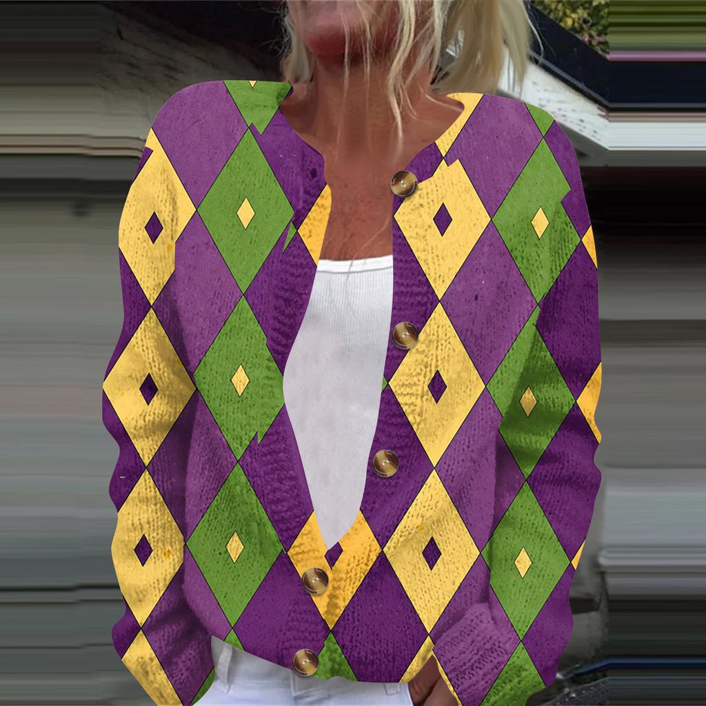 Women's Fashion Printed Long Sleeve Knitted Cardigan Button Down Jacket