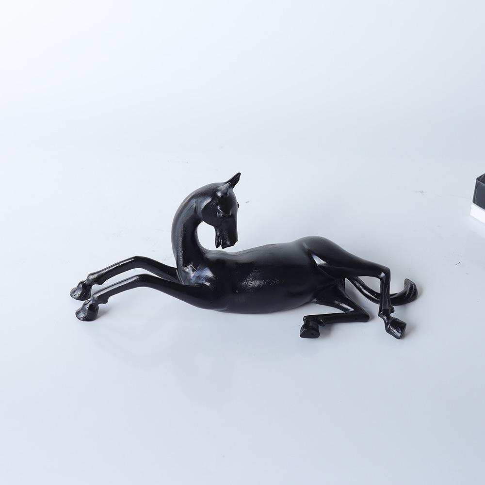 Metal Handicrafts Black Horse Simulation Animal Sculpture Black Horsereclining Statue Metal Figurine Home Decoration Accessories