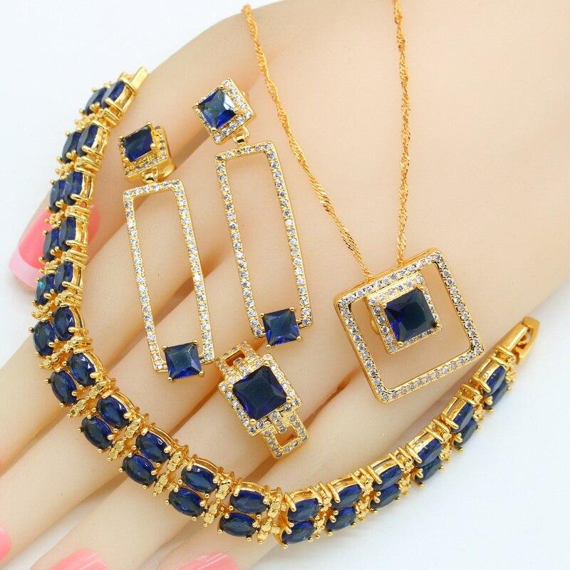 Geometric Blue Stones  Gold Plated Jewelry Sets For Women Earrings Necklace Pendant Ring Bracelet Wedding Birthday Gift