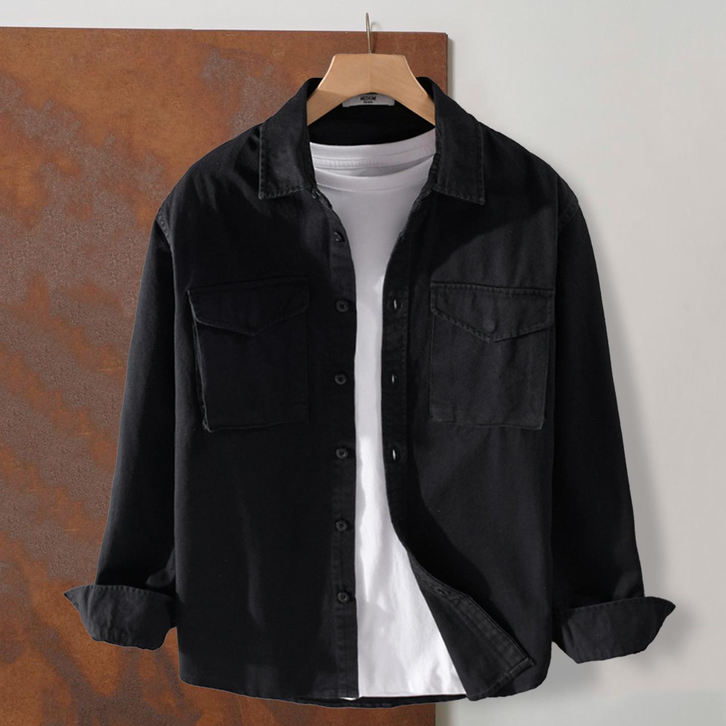 

Men s Relaxed Fit Pure Cotton Long-Sleeve Shirt - Loose Solid Color Casual Outerwear L чорний