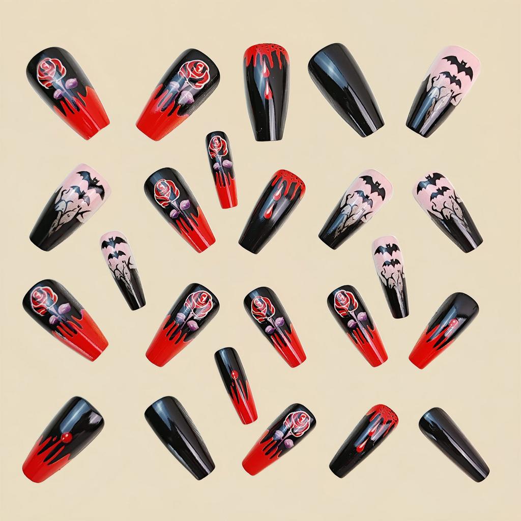 Spooky Season Fake Nail Red Gothic  Blood Drip Motifs Rose Blood Drip Art Glossy Comfortable Wear Party Accessories
