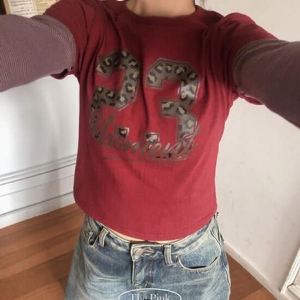The Pink Women Ria Short Sleeve Layered Leopard Print Semi Crop Long Sleeve Tee
