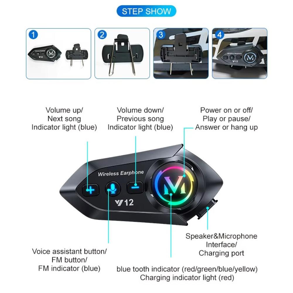 Motorcycle Helmet Bluetooth Headset with RGB Light Effect, Long Battery Life, FM Radio