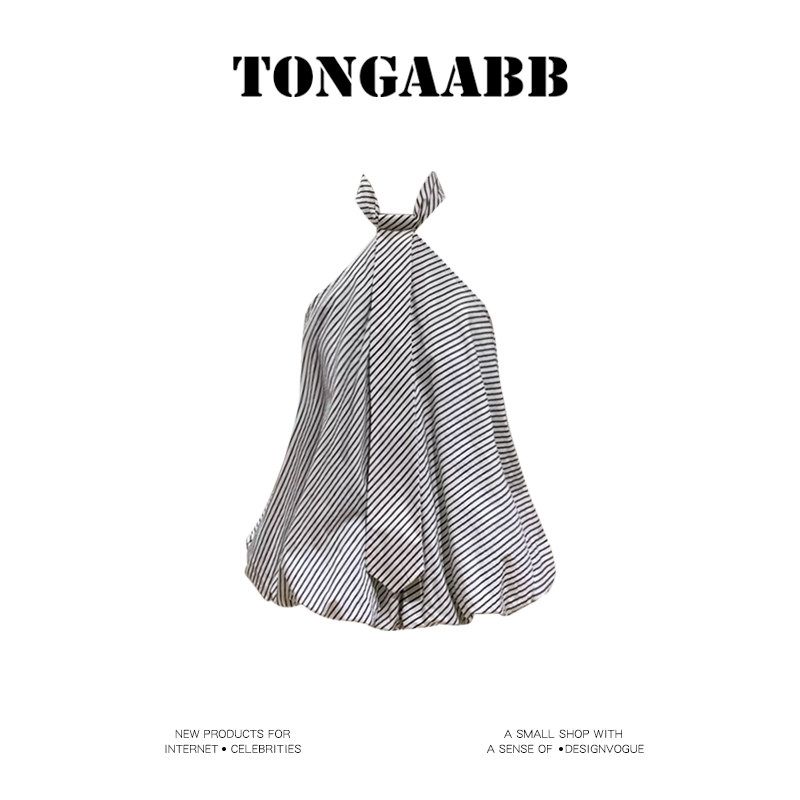 Tongaabb Summer Stylish Stripes Halterneck Tie Niche Style Cloud Sling Light gray M