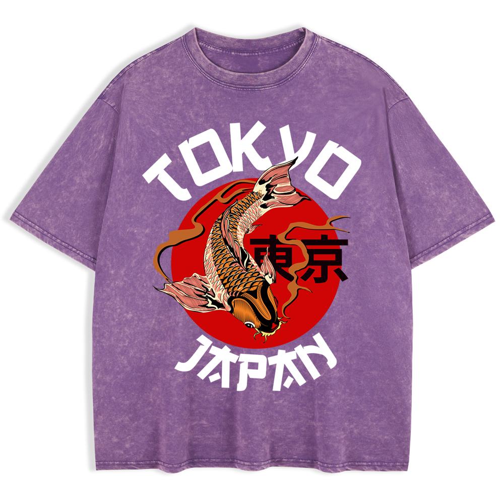 Tokyo Japan Koi Fish Printing Washed T-Shirts Mens Cotton Oversized T Shirt Summer Short Sleeve Tops O-Neck Men Clothes