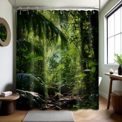 Jungle Shower Curtain Rainforest Tropical Nature Green Forest Scenic Bathroom Decor, Waterproof Cloth Fabric with Hooks 70" W X