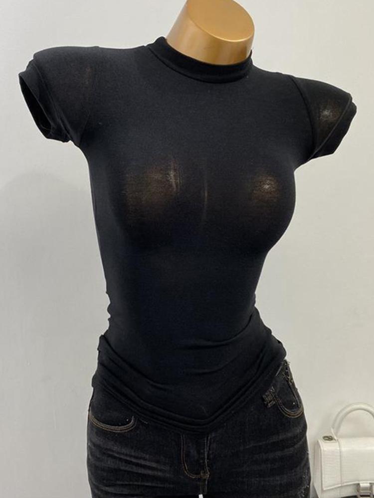 

Повседневная футболка с высоким воротником, корейская модная женская футболка с короткими рукавами, приталенная, эластичные однотонные топы, сексуальная футболка с внутренней нижней частью, уличная одежда L чёрный