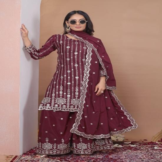 Royal Wine Embroidered Sharara Set with Scalloped Dupatta