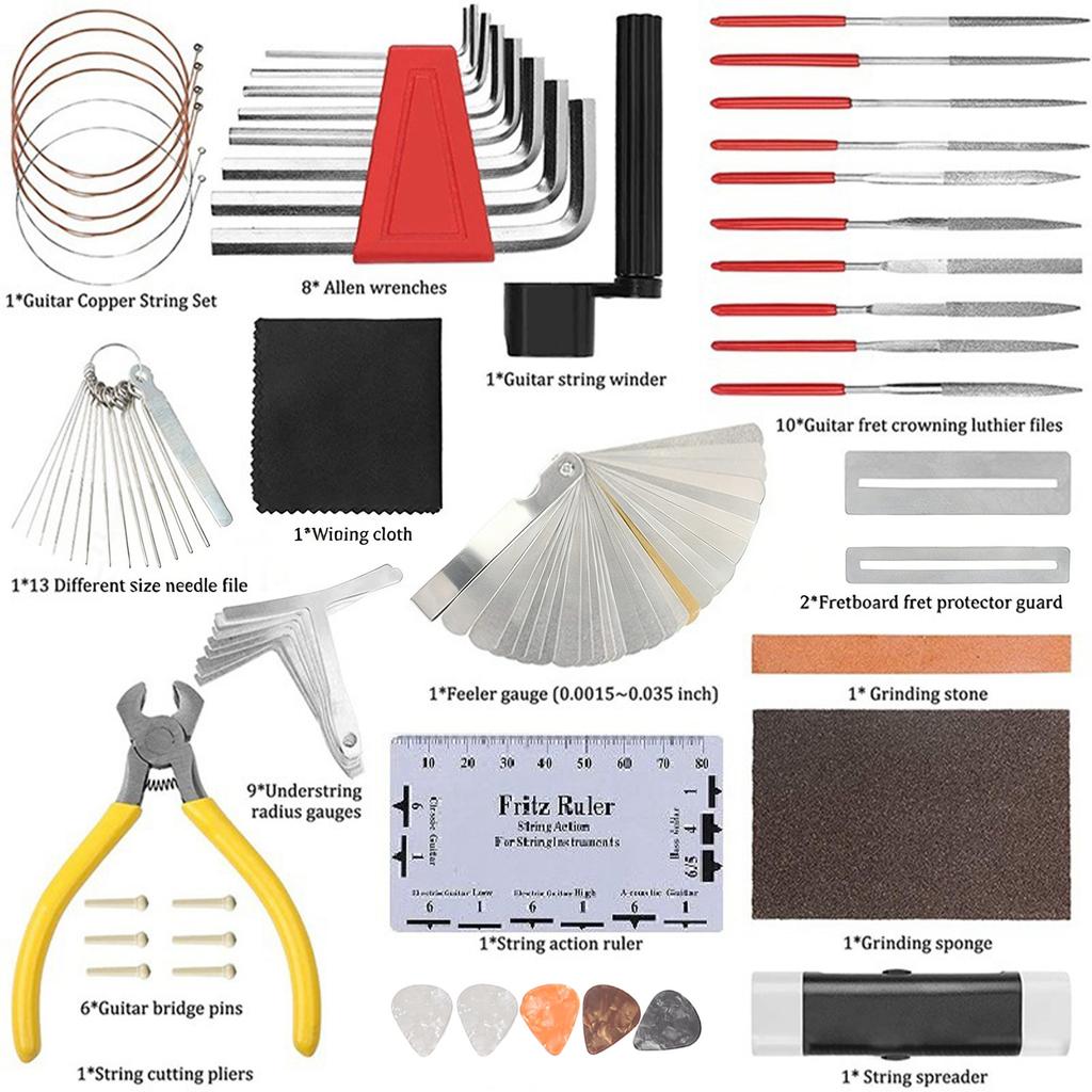 72Pcs Guitar Repair Tool Kit with Strings Picks Storage Case String Guard Pen Bridge Pins Nut Files Hex Wrenches for Guitar