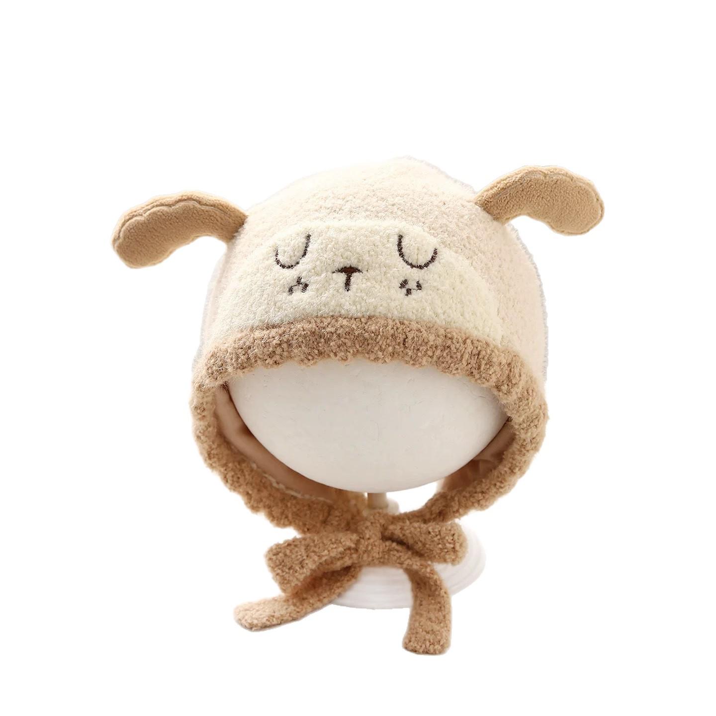 

Adorable Knitted Wool Baby Hat with Ear Protection and Tie-Up Plush Lining Bear Hat - Brown