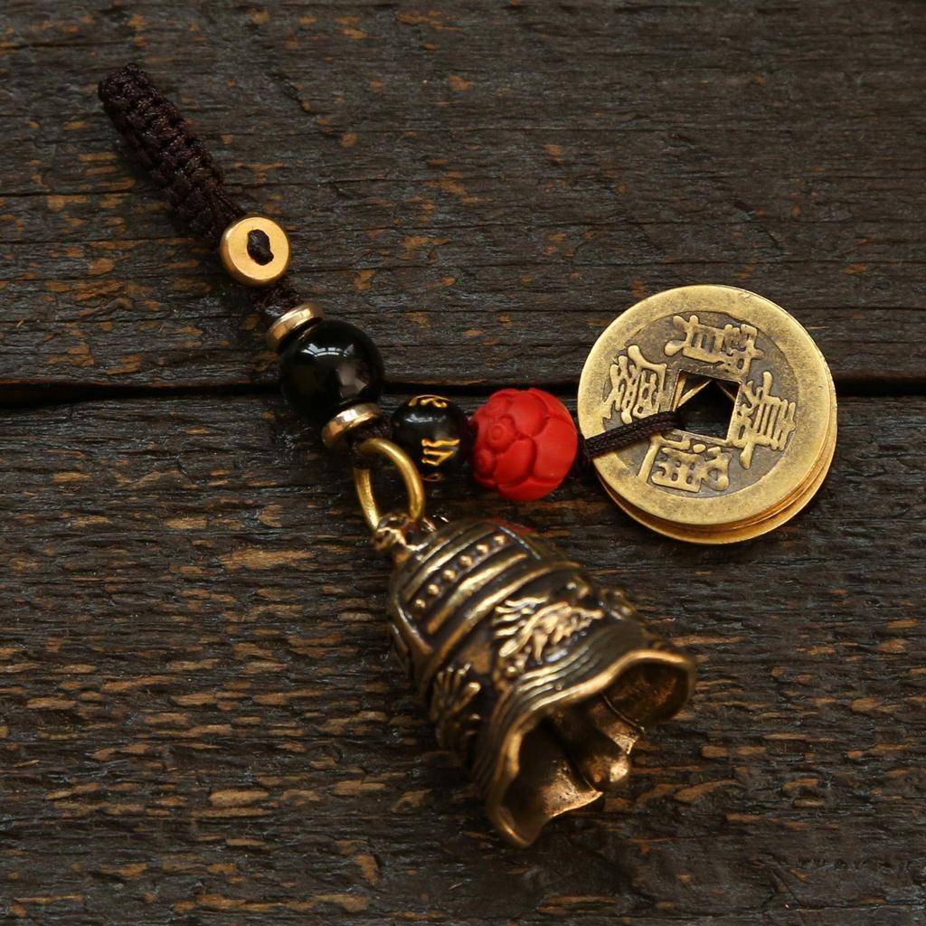 Brass Double Dragon Bell, Retro, Vintage, Car Key Bag Pendant, Handmade Rope, Craftsmanship, Five Emperor Money Accessory