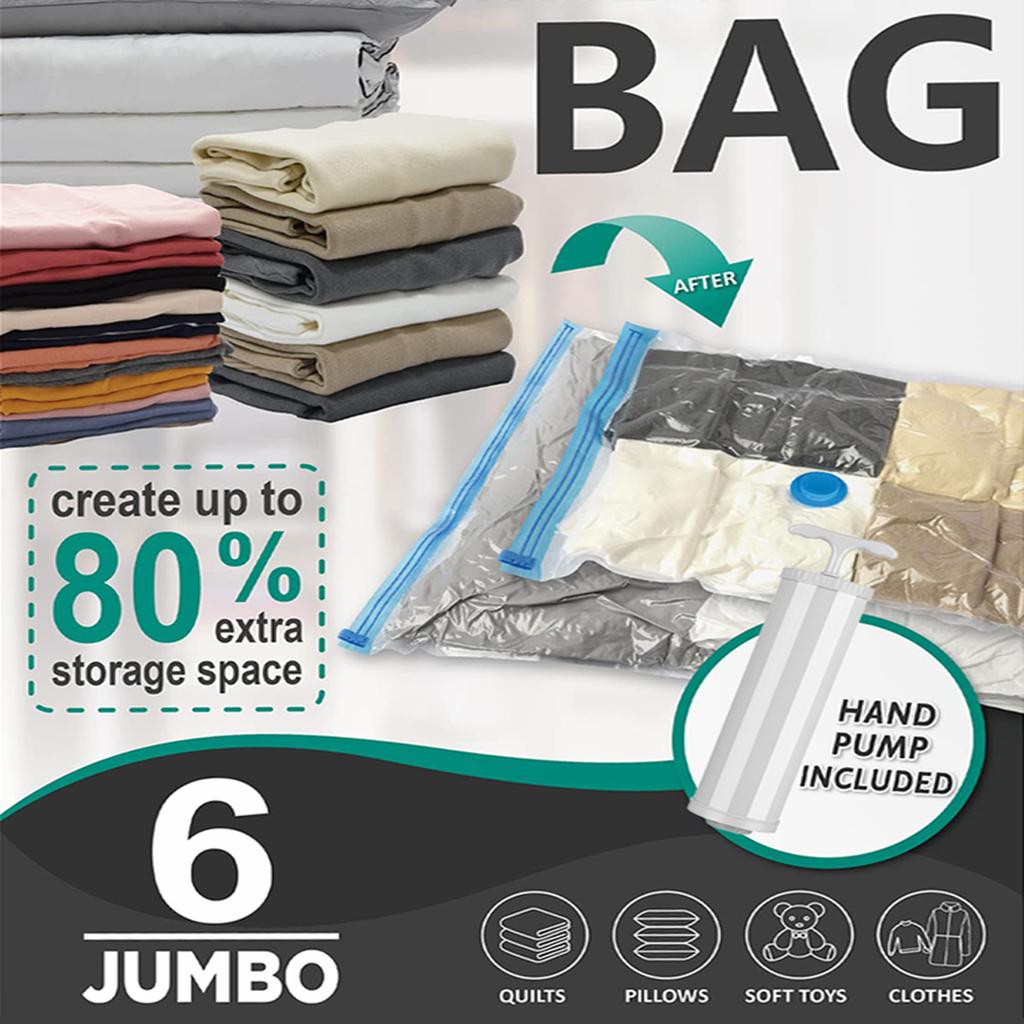 6 Pack Multiple Sizes Vacuum Storage Bags with Pump Big Moving Bags Vacuum Sealed Bags Organizer Space Saver Bags For Clothes