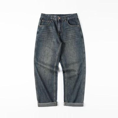 Fall and Winter Texture Washing Large Size Jeans for Men with Velvet Casual Mid-waist Straight Pants