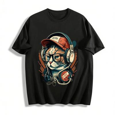 Cool DJ Cat Print Casual Unisex Crew Neck T-Shirt Pure Cotton T-shirt