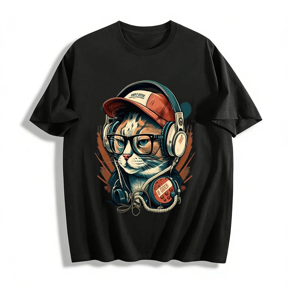 Cool DJ Cat Print Casual Unisex Crew Neck T-Shirt Pure cotton T-shirt XXS