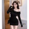 Pure Desire Style Sexy Slanted Shoulder Long-sleeved Dress Women's Autumn and Winter New Design Lace Splicing Slim Hip Skirt