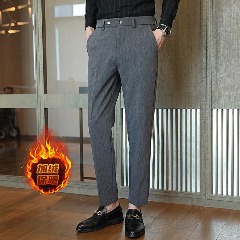 Light Luxury Winter Velvet Men's Casual Trousers Thickened Warm Men's Trousers Small Straight Light Business Men's Trousers