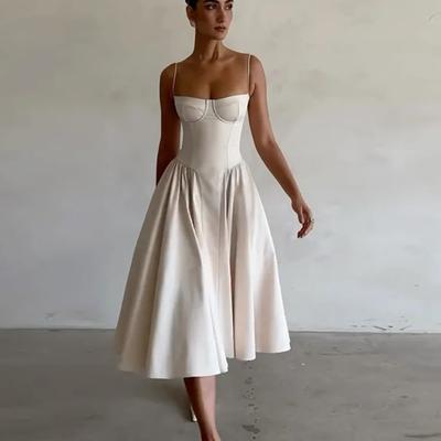 Sexy Solid Pleated Hem Sling Dress Women Fashion Midi Sleeveless Backless Dresses Female Summer Party Evening A-line Robes