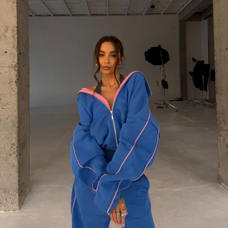 

Women s Clothes Double-sided Color Matching Contrasting Hooded Zipper Cardigan Trousers Two-piece Set M