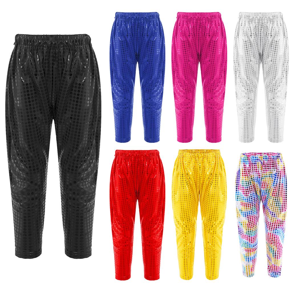 Pantaloni Street Dance Unisex per Bambini Vita Elastica Pantaloni a Carota Pantaloni Harun Pantaloni da Performance con Paillettes Lucide