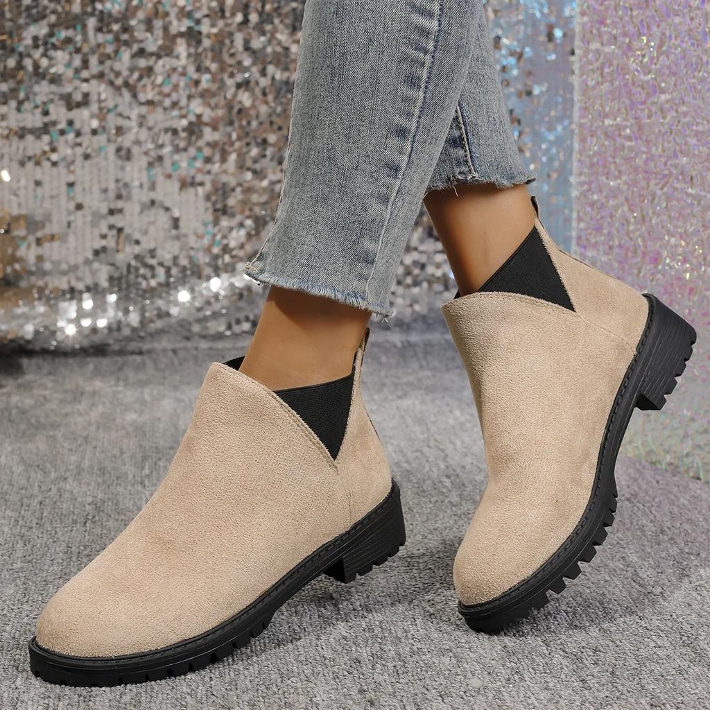 Fashion Women's Casual Fashion Round Toe Chunky Heel Suede Ankle Boots With V-cut, 7cm Heels For Work And Anti-slip Outfits 2025