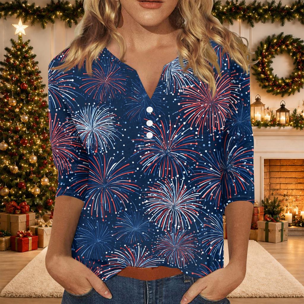 Women's Casual Fashion Christmas Print V-Neck Top with Decorative Buttons and 3/4 Sleeves