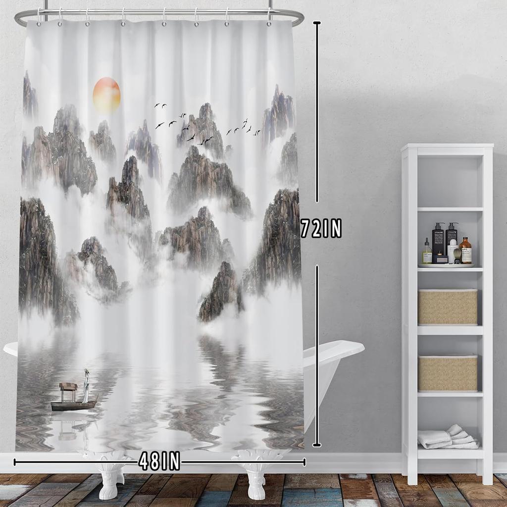 Baocicoo Chinese Ink Painting Shower Curtain Sets Sunrise Sea of Clouds Asian Mountain Landscape Shower Curtains for Bathroom Te