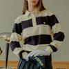 CAREM Woman Stripe Collar Field T-Shirts - Navy