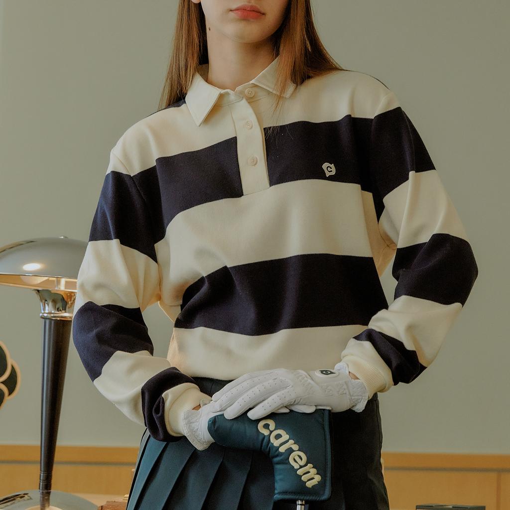 CAREM Woman Stripe Collar Field T-Shirts - Navy