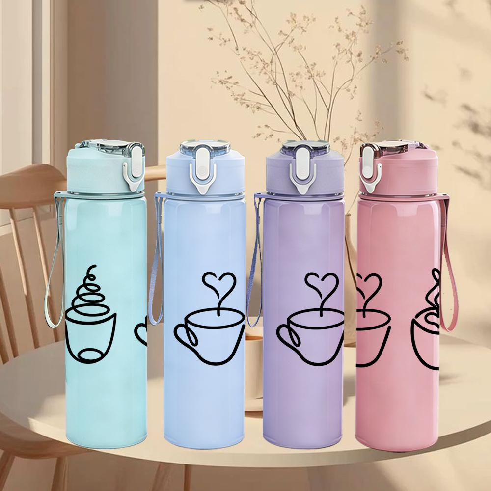 1PC Three Coffee Cup Heart Outline 750ml Color Plastic Sports Water Bottle Leakproof Flip Straw Lid Suitable for Sports Office Home Use