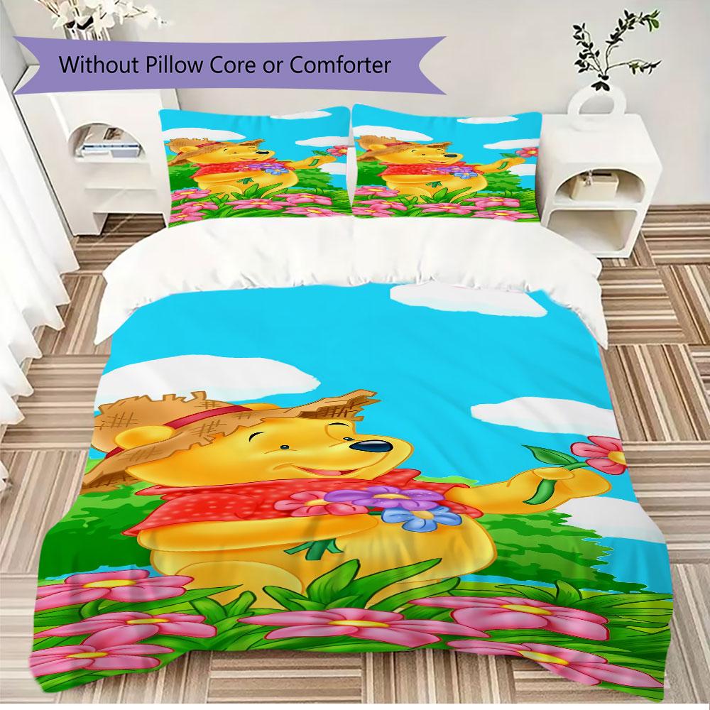 3pcs Cartoon Duvet Cover Set (1 Duvet Cover + 2 Pillowcases, Duvet Insert Not Included), Cute Winnie the Pooh Print Bedding Set.