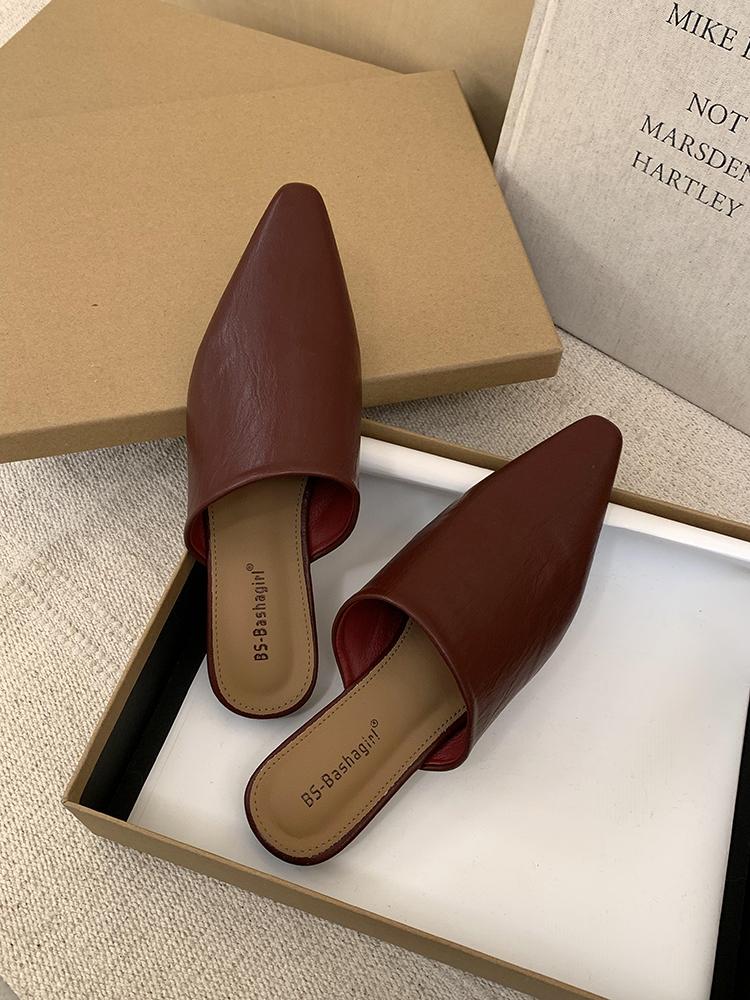 Fashion Comfortable Summer Slippers Mules Soft Leather Pointed Toe Slip On Sandalias Soild Mature Fashion Casual Low-heeled Shoes Mujer