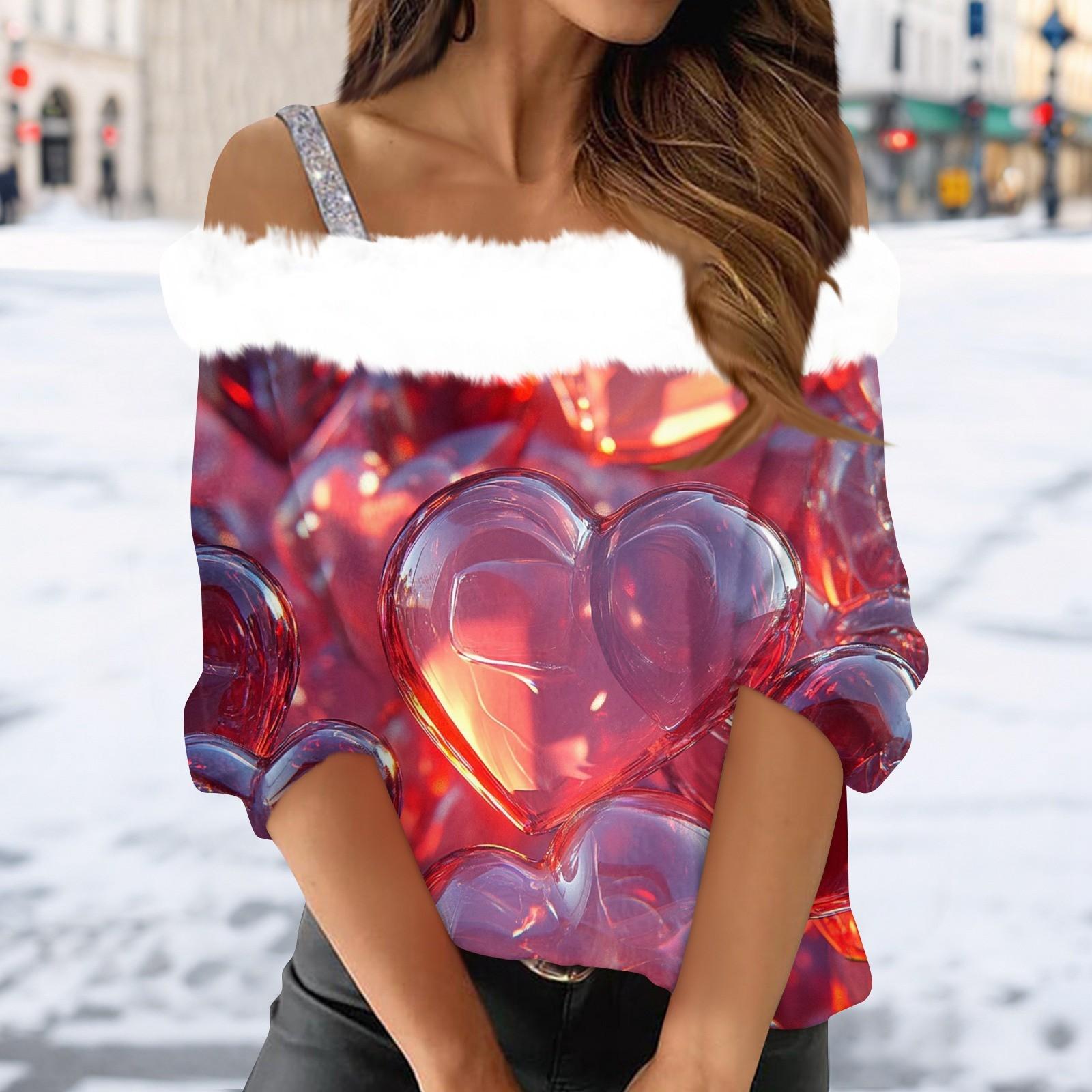 

Женская мода с длинным рукавом и открытыми плечами на одно плечо с принтом ко Дню святого Валентина и плюшевым воротником XL арбуз красный