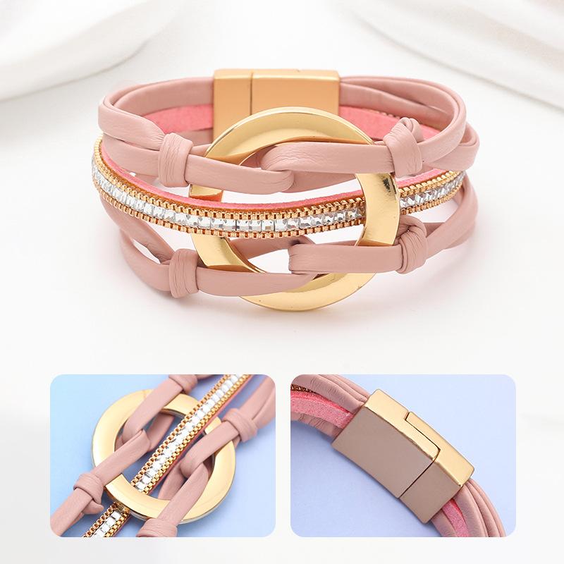 Leather Bracelet for Women Round Hollow Circles Wrap Bangle Female Jewelry Gifts