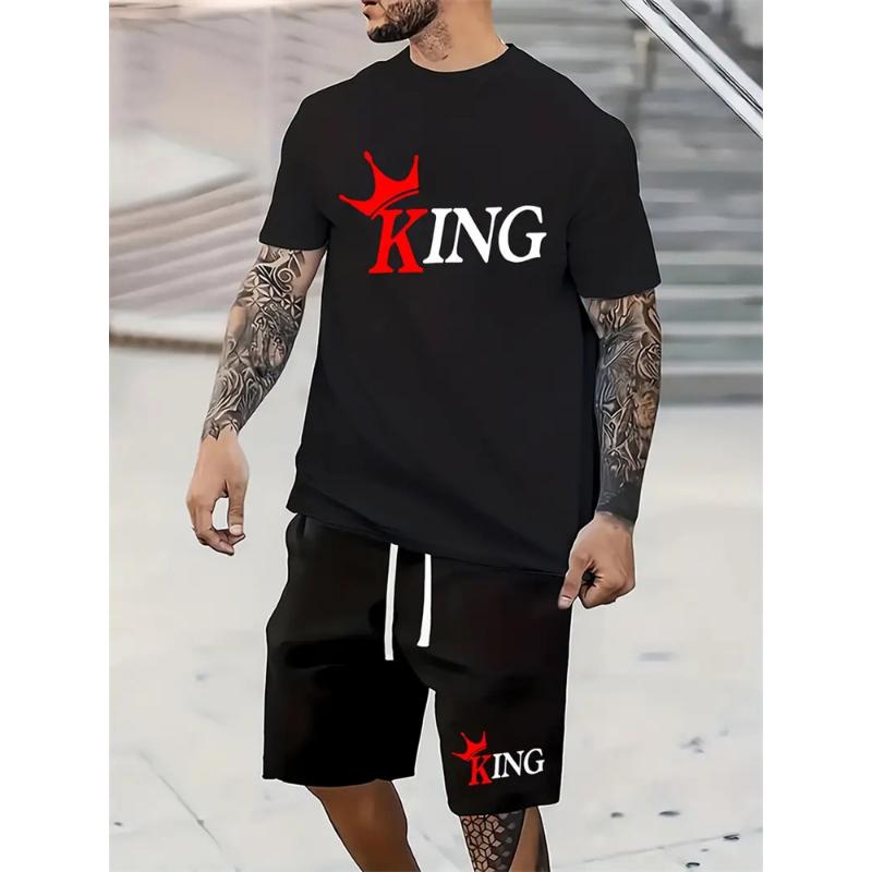 2024 New Summer Shorts Short Sleeve 2 Pieces Fashion Everyday Suit King Letter Print T-Shirt Suit Outdoor Streetwear Sports Suit