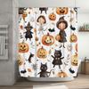 Halloween-themed bathroom shower curtain featuring cute illustrations of cats, pumpkins, and witches watercolor design for kids