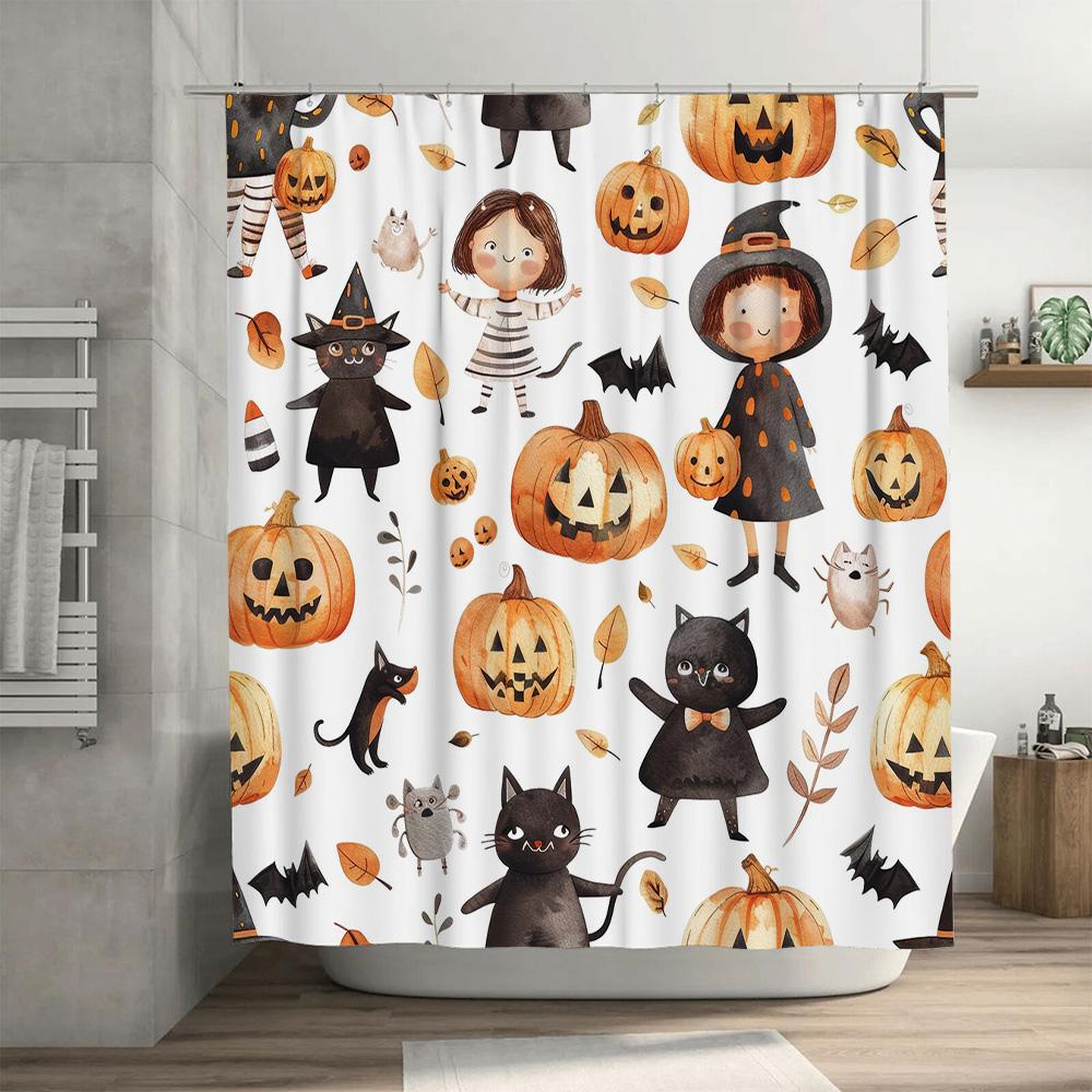 Halloween-themed bathroom shower curtain featuring cute illustrations of cats, pumpkins, and witches watercolor design for kids