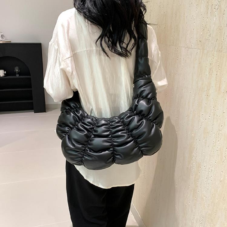 Women Solid Color PU Leather Shoulder Crossbody Bag Pleated Padded Handbag Purse