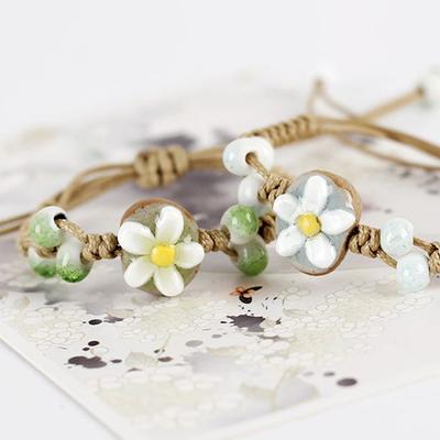 Handmade Sunflower Leaf Ceramic Bracelet Boho Adjustable Jewelry For Women Vintage Ethnic Gift