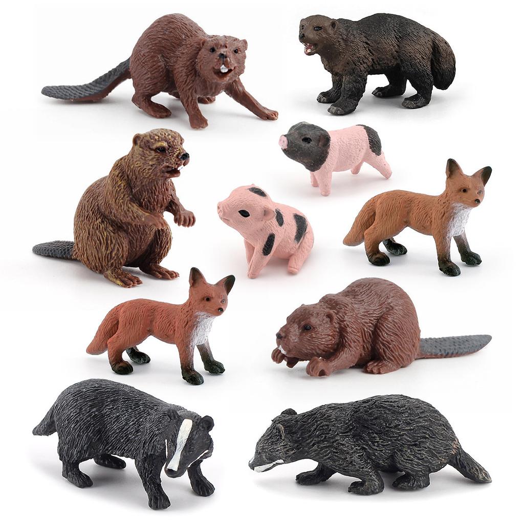 Simulation Forest Animal Set Model 10-Piece Fox Mink Bear Beaver Piglet Desktop Static Ornament Toy Batch
