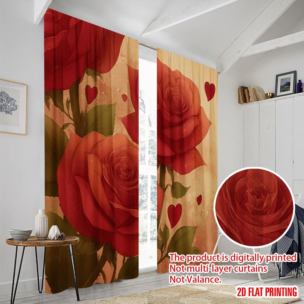 2pcs,2D Plane Printing Curtain Fabric Vibrant Red Roses Design Versatile Polyester Fabric (without Rod) Decorations Outdoor