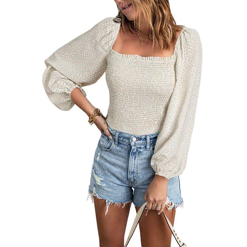 Slim Looking Square Collar Fashion Print Pullover Long Sleeves T-shirt