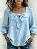 Women Solid Color Bow Knot Loose Fit Square Collar Nine Quarter Sleeve Fashion Blouse Shirt