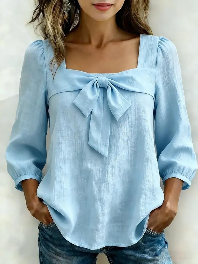 Women Solid Color Bow Knot Loose Fit Square Collar Nine Quarter Sleeve Fashion Blouse Shirt