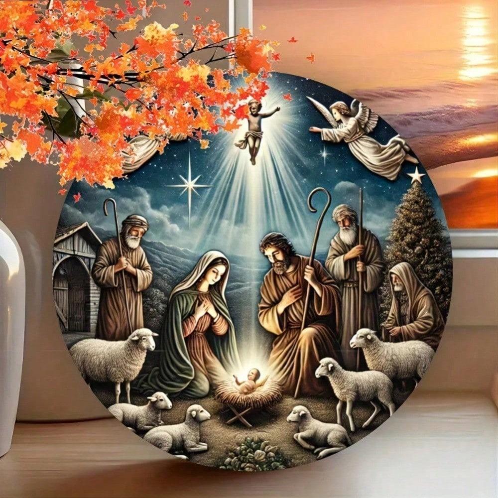 Metal Nativity Sign Christmas Wall Decor Embossed Holiday Art Living Room Bar Cafe