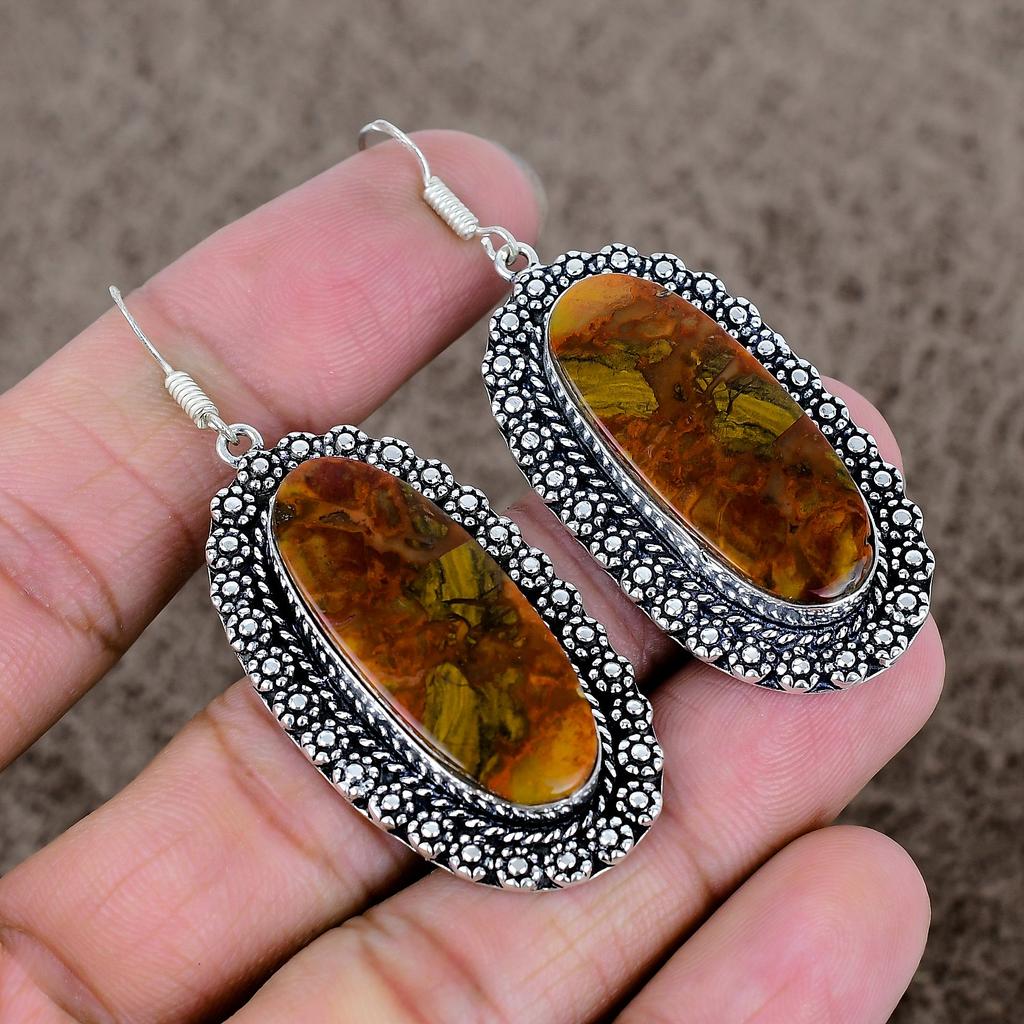 Seam Agate Gemstone Handmade 925 Sterling Silver Jewelry Earring 2.44" KKG-706