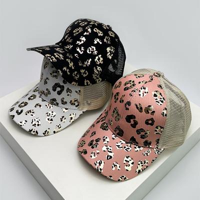 New Women Bronzing Leopard Print Criss Cross Tail Baseball Hats Mesh Breathable Sunshade Versatile Trucker Caps Fashion Washed
